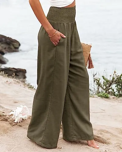 Angerella Womens Elastic High Waisted Palazzo Pants Casual Wide Leg Printed Long Lounge Pant Trousers with Pocket BluePaisley S