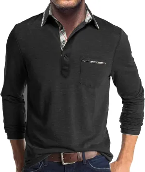 Aulemen Men's Long Sleeve Polo Shirts Casual Button Golf Tshirt Moisture Wicking Cotton Tee Collared Basic Shirts with Pocket