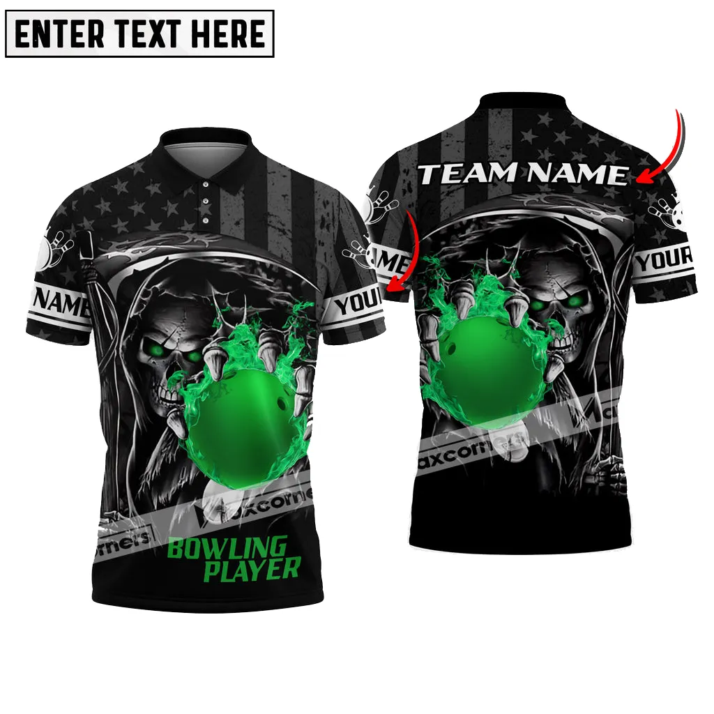 Bowling Skull Ball Flame American Flag Pattern Multicolor Option Customized Name, Team Name 3D Polo Shirt, Skull Bowling Lovers