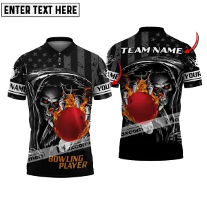 Bowling Skull Ball Flame American Flag Pattern Multicolor Option Customized Name, Team Name 3D Polo Shirt, Skull Bowling Lovers