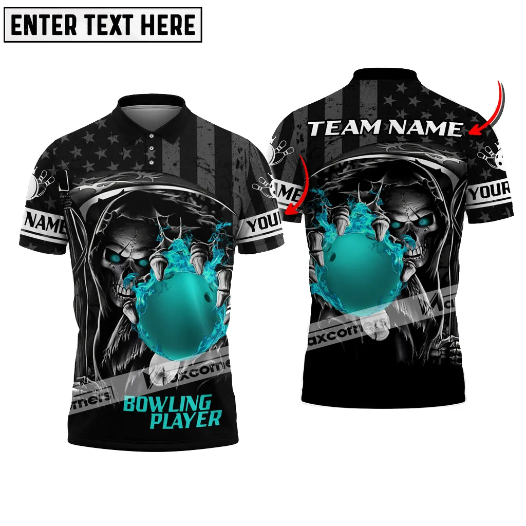 Bowling Skull Ball Flame American Flag Pattern Multicolor Option Customized Name, Team Name 3D Polo Shirt, Skull Bowling Lovers