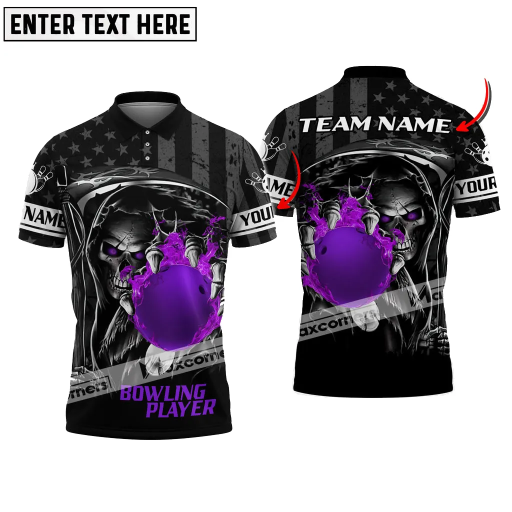 Bowling Skull Ball Flame American Flag Pattern Multicolor Option Customized Name, Team Name 3D Polo Shirt, Skull Bowling Lovers