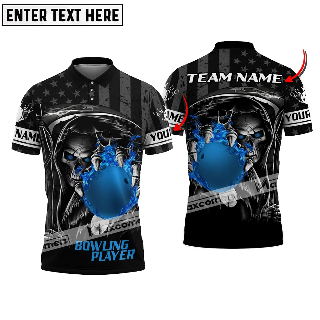 Bowling Skull Ball Flame American Flag Pattern Multicolor Option Customized Name, Team Name 3D Polo Shirt, Skull Bowling Lovers