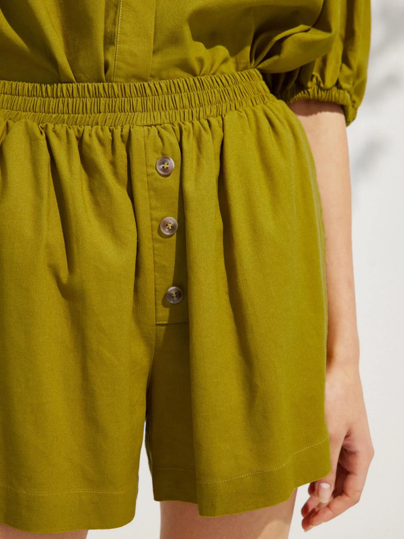 Button Front Elastic Waist Cotton Poplin Shorts