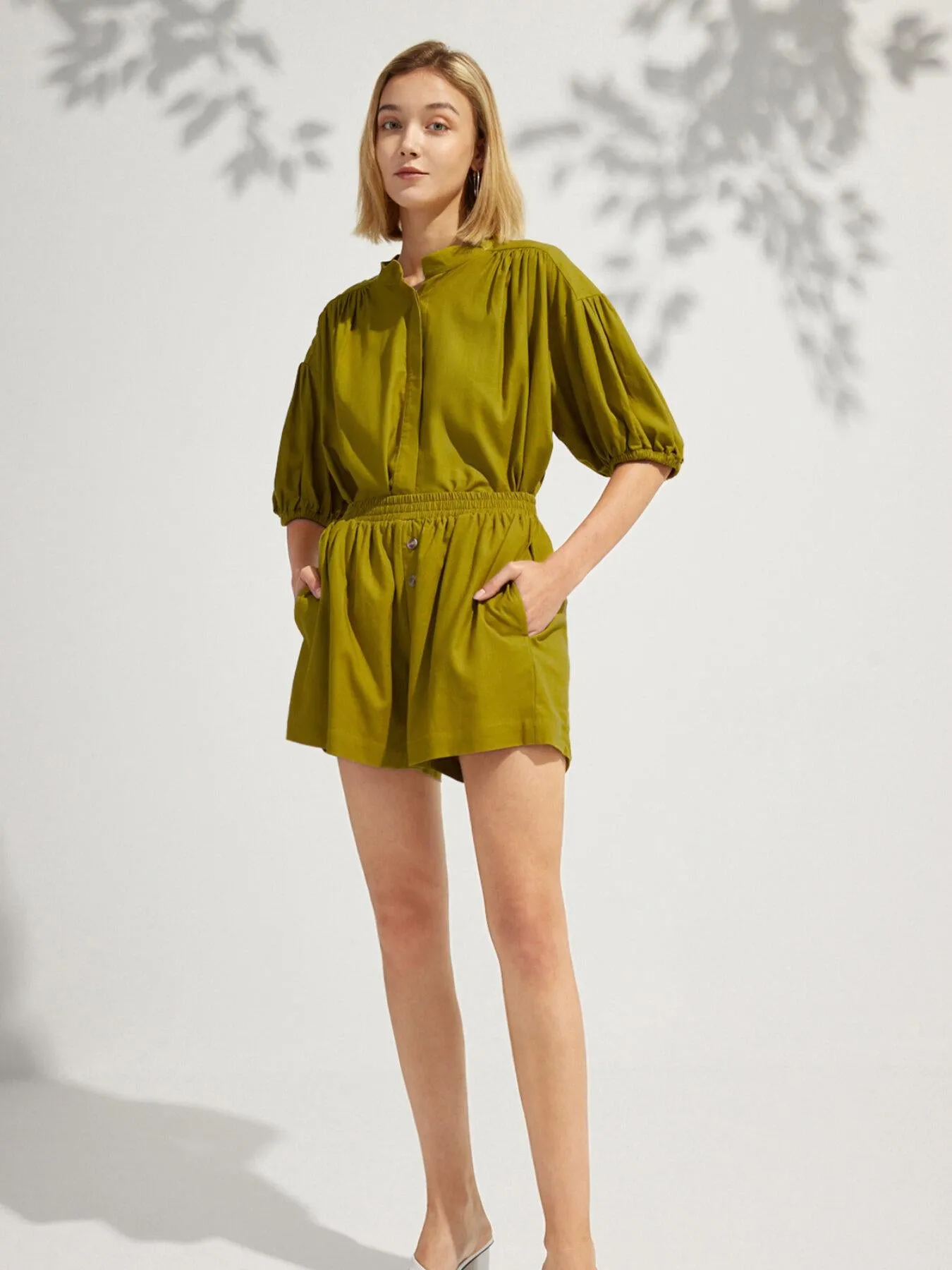 Button Front Elastic Waist Cotton Poplin Shorts