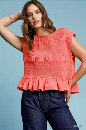Coral Smocked Ruffle Hem Sleeveless Top