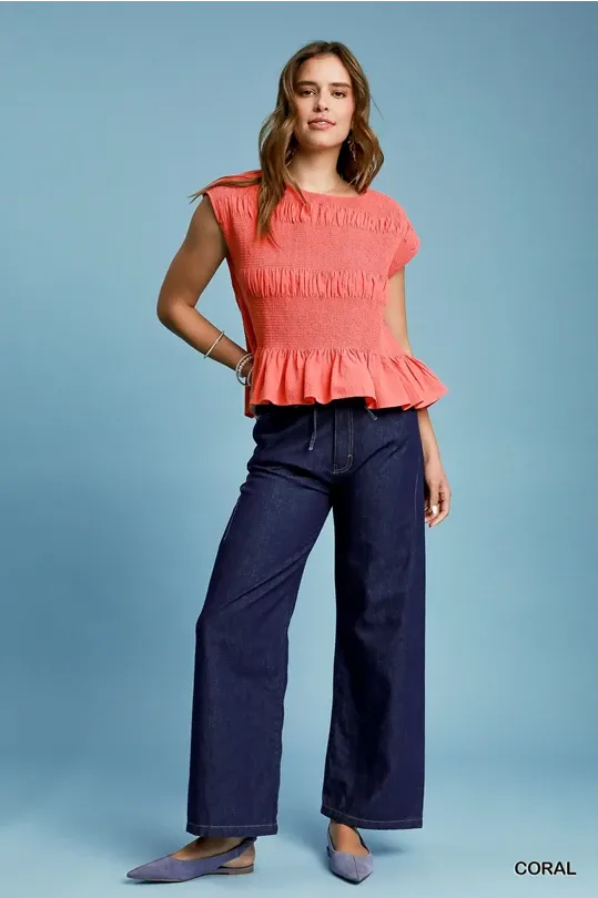 Coral Smocked Ruffle Hem Sleeveless Top