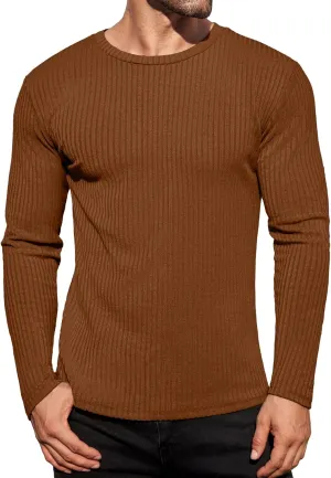Ekouaer Men's Long Sleeve Shirts Ribbed Pullover Sweater Sim Fit Thermal Tops Crew Neck Stretchy Undershirts S-XXL