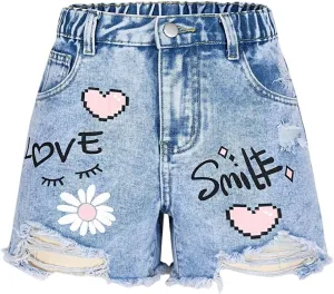 Girl's Letter Heart Print Jean Shorts Y2k Ripped Raw Hem Denim Shorts