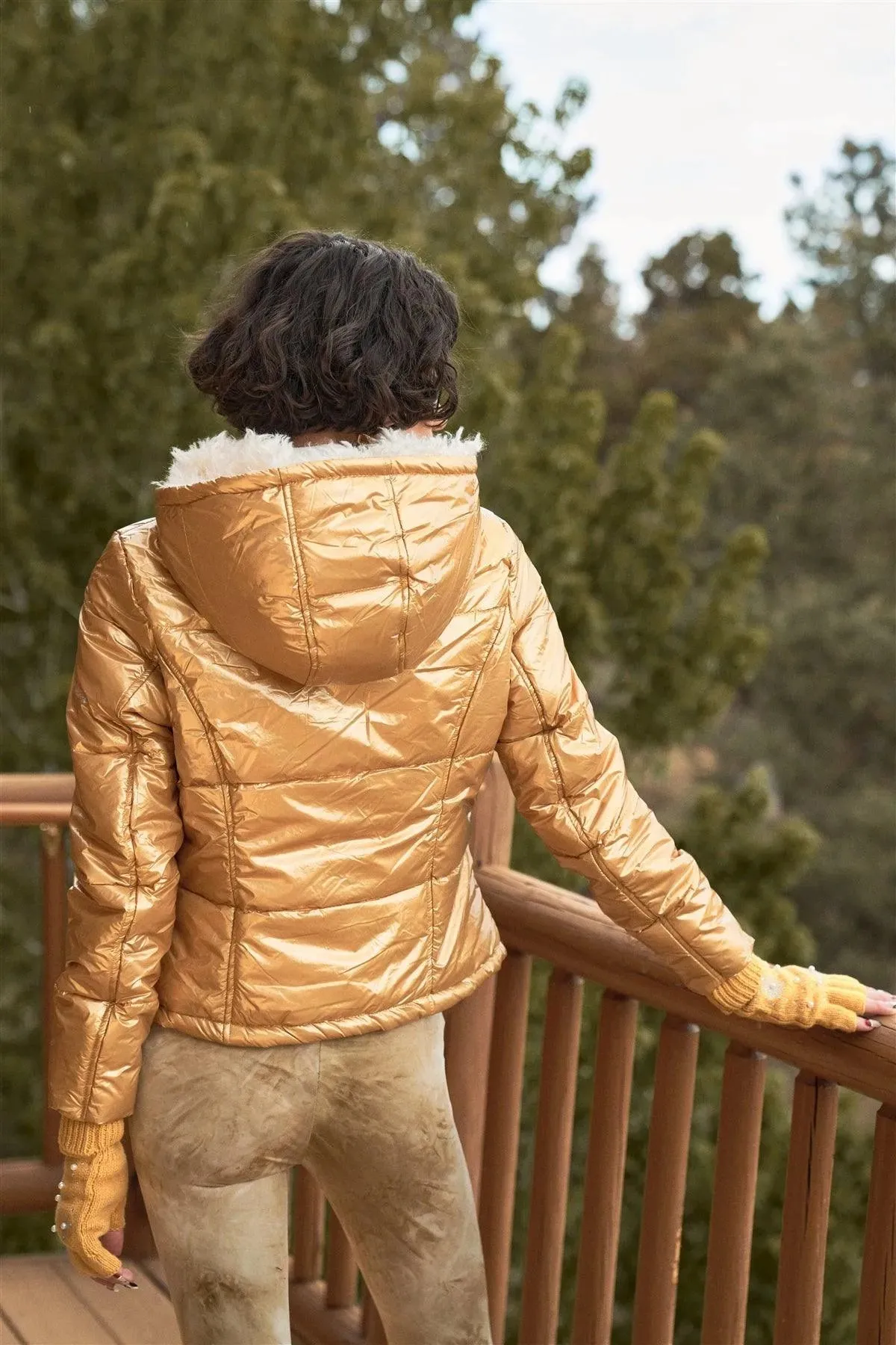 Gold Long Sleeve Fuzzy Faux Fur Hood Padded Jacket /1-1-1-1