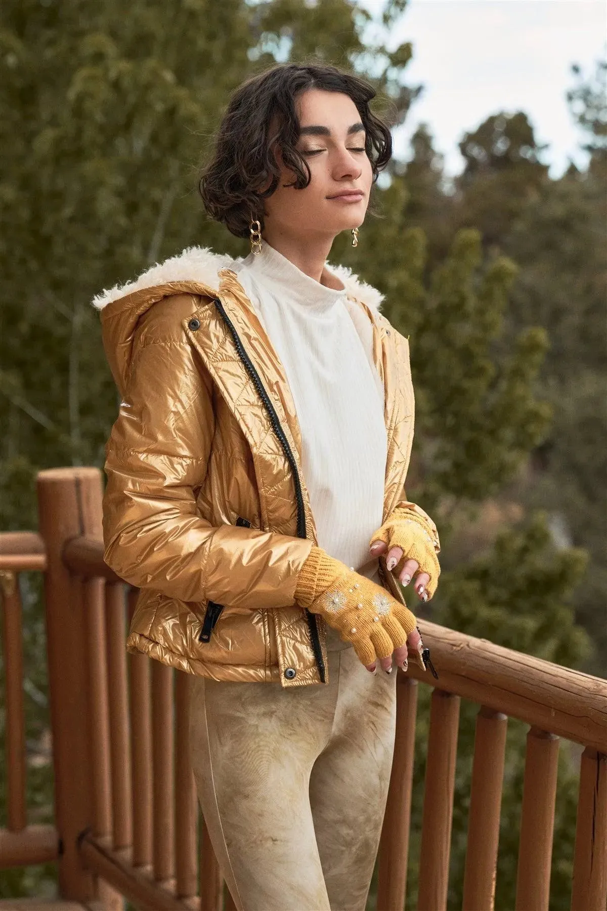 Gold Long Sleeve Fuzzy Faux Fur Hood Padded Jacket /1-1-1-1