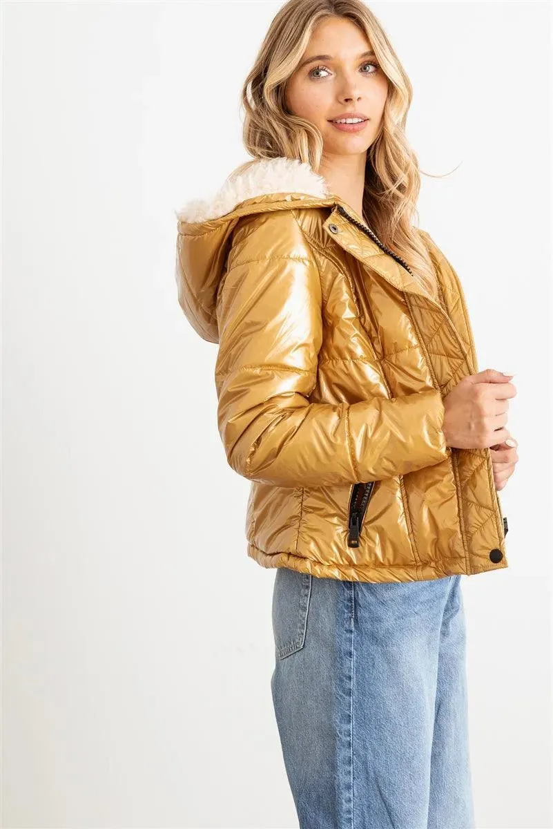Gold Long Sleeve Fuzzy Faux Fur Hood Padded Jacket /1-1-1-1