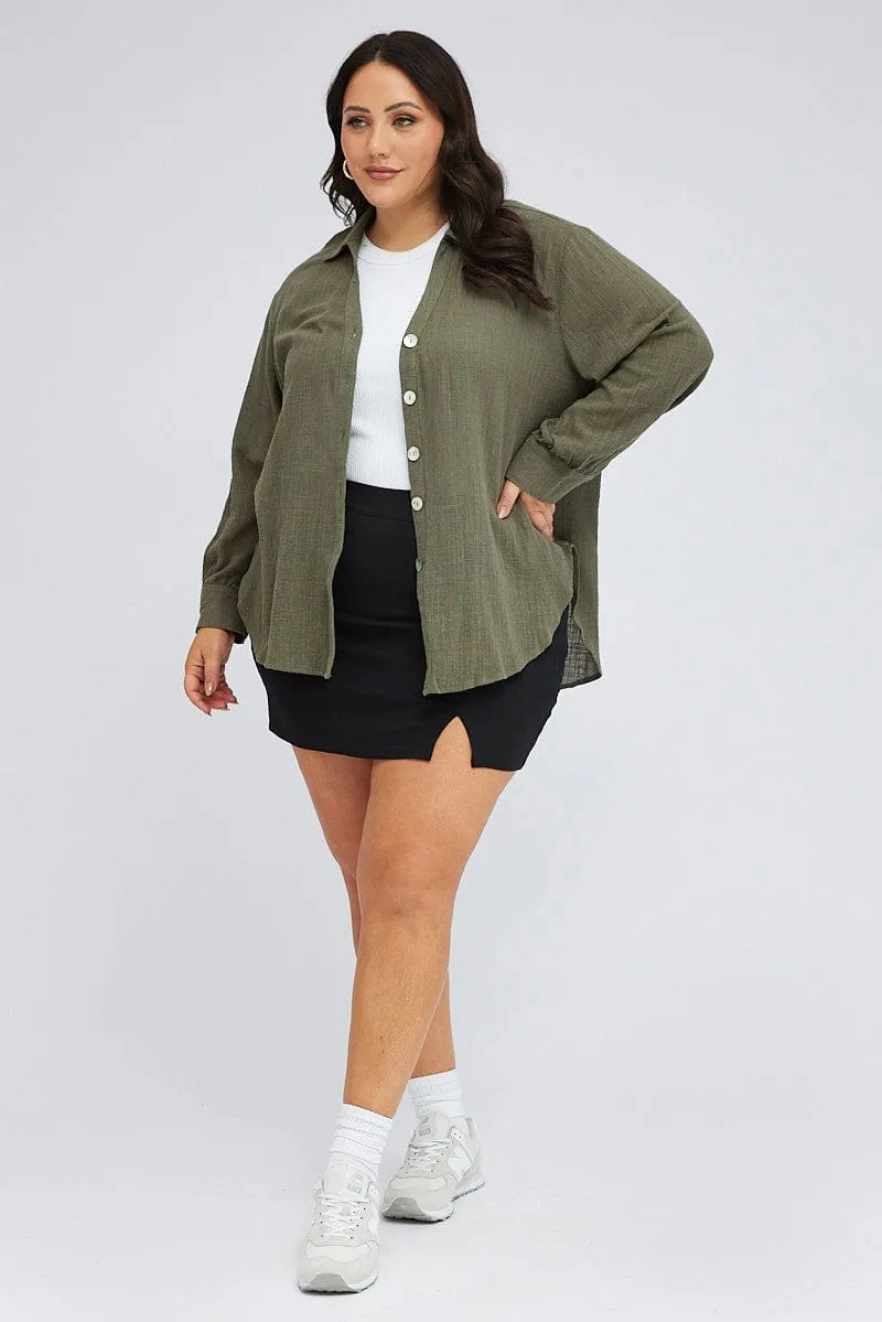Green Relaxed Shirt Long Sleeve V-neck