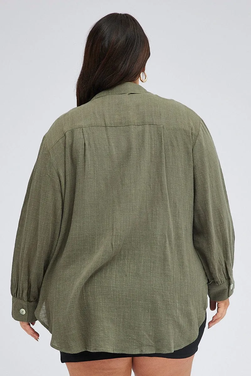 Green Relaxed Shirt Long Sleeve V-neck