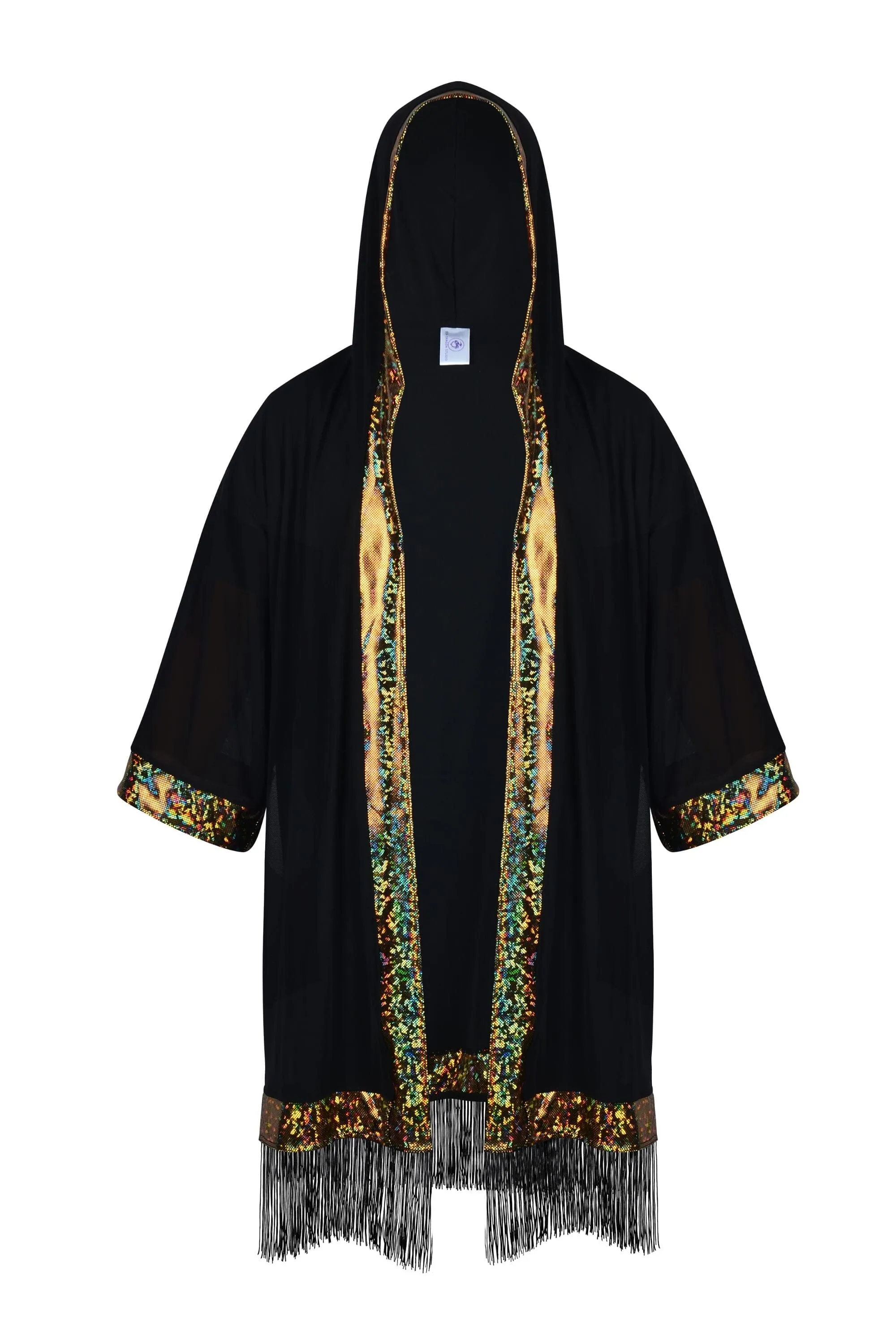 Hooded Mesh & Holo Kimono with Fringe