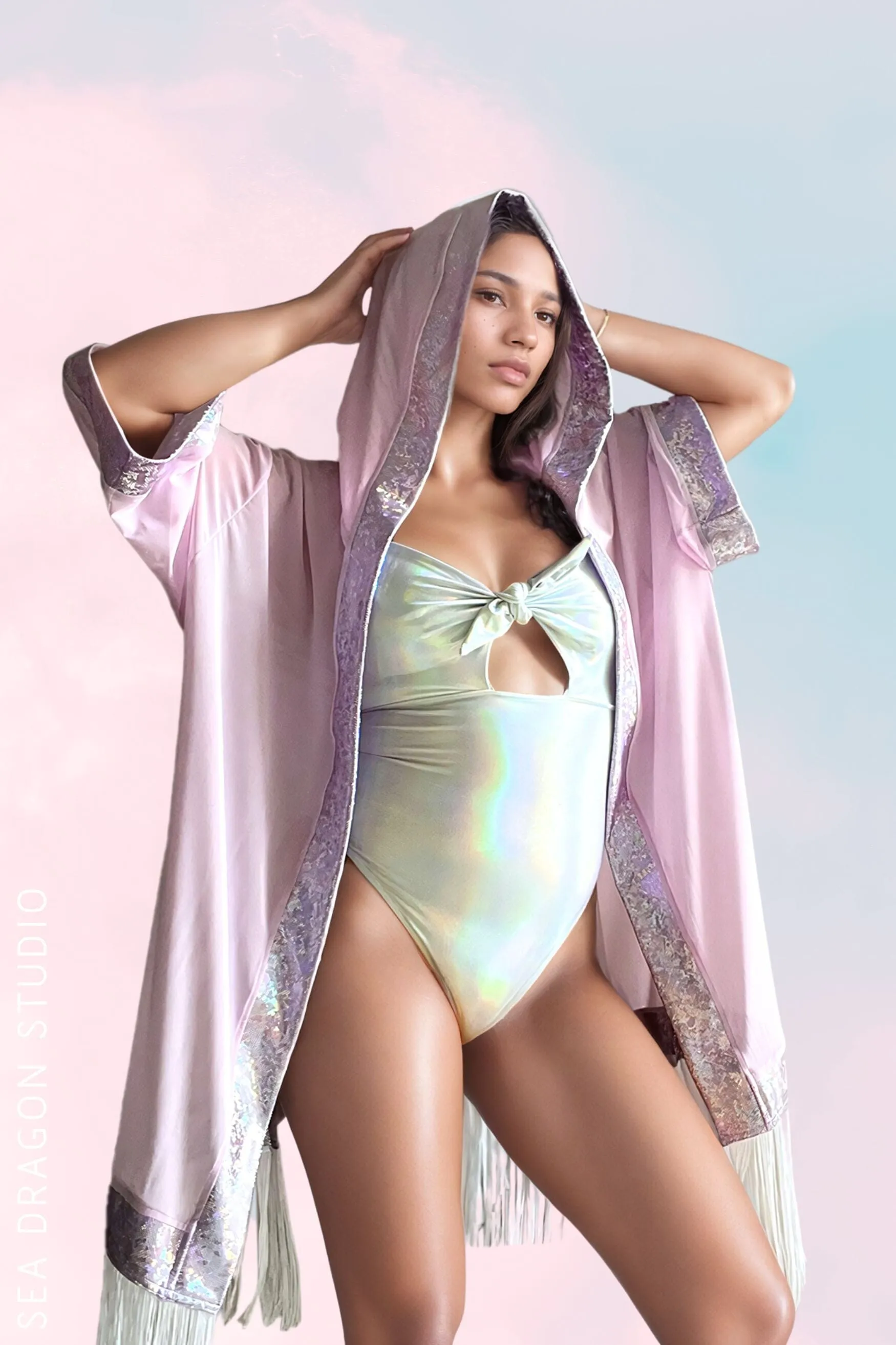 Hooded Mesh & Holo Kimono with Fringe