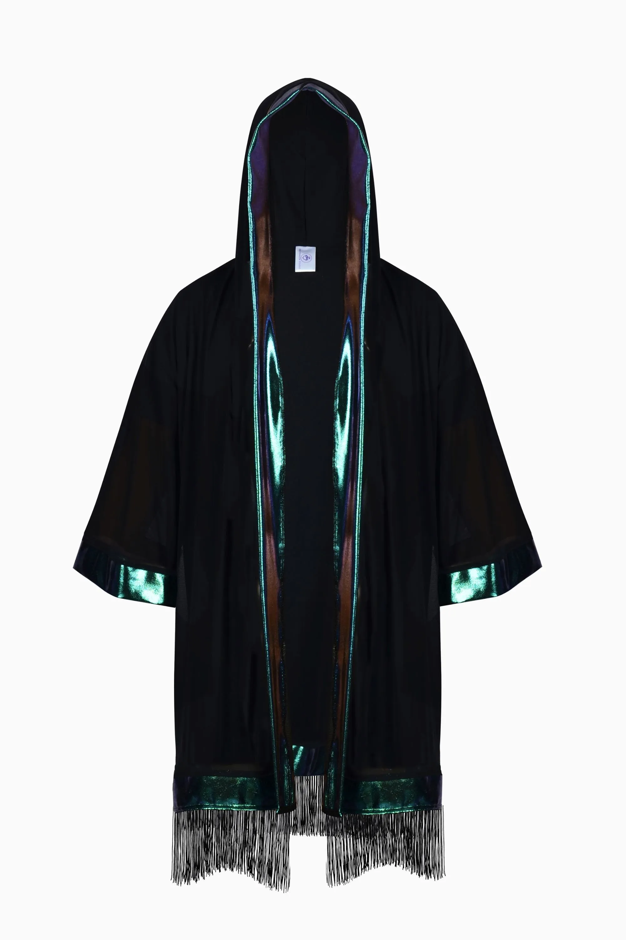 Hooded Mesh & Holo Kimono with Fringe