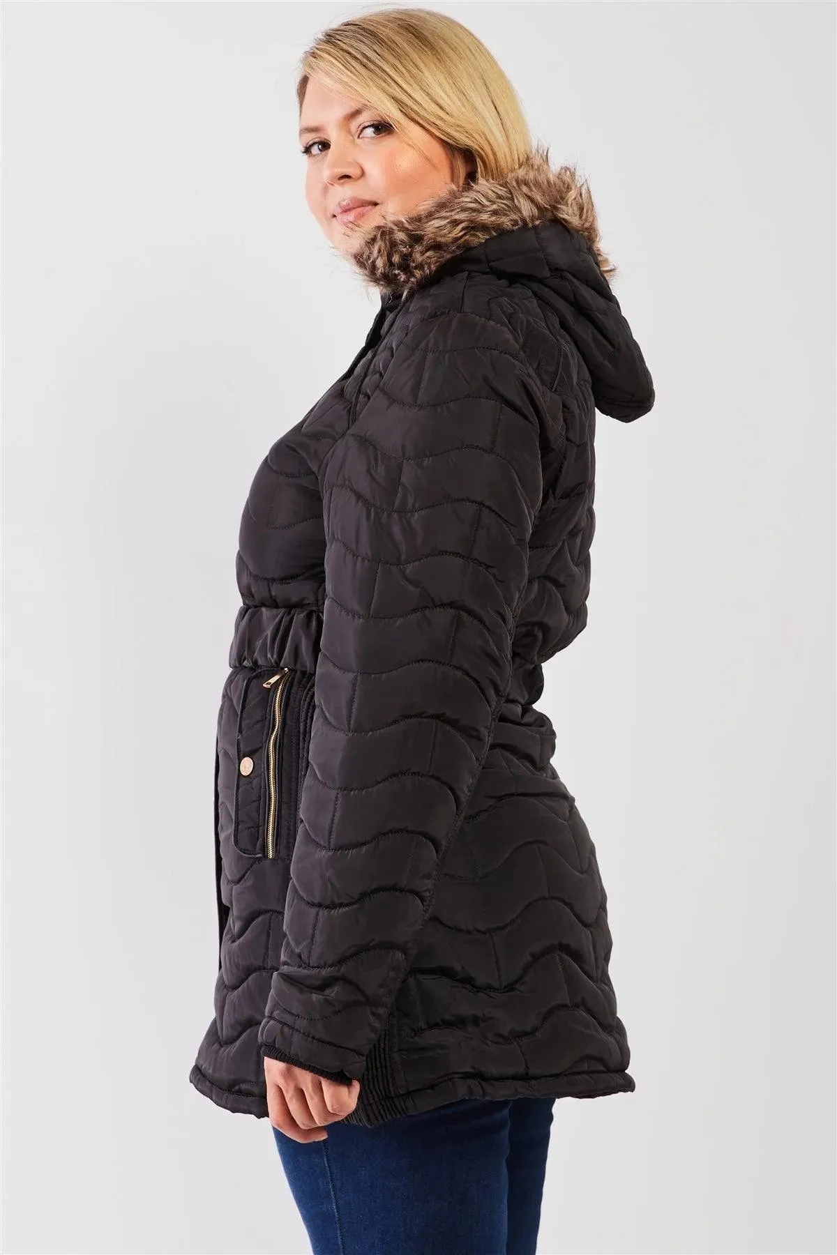 Junior Plus Black Wavy Brick Quilt Faux Fur Hood Belted Padded Long Puffer Jacket