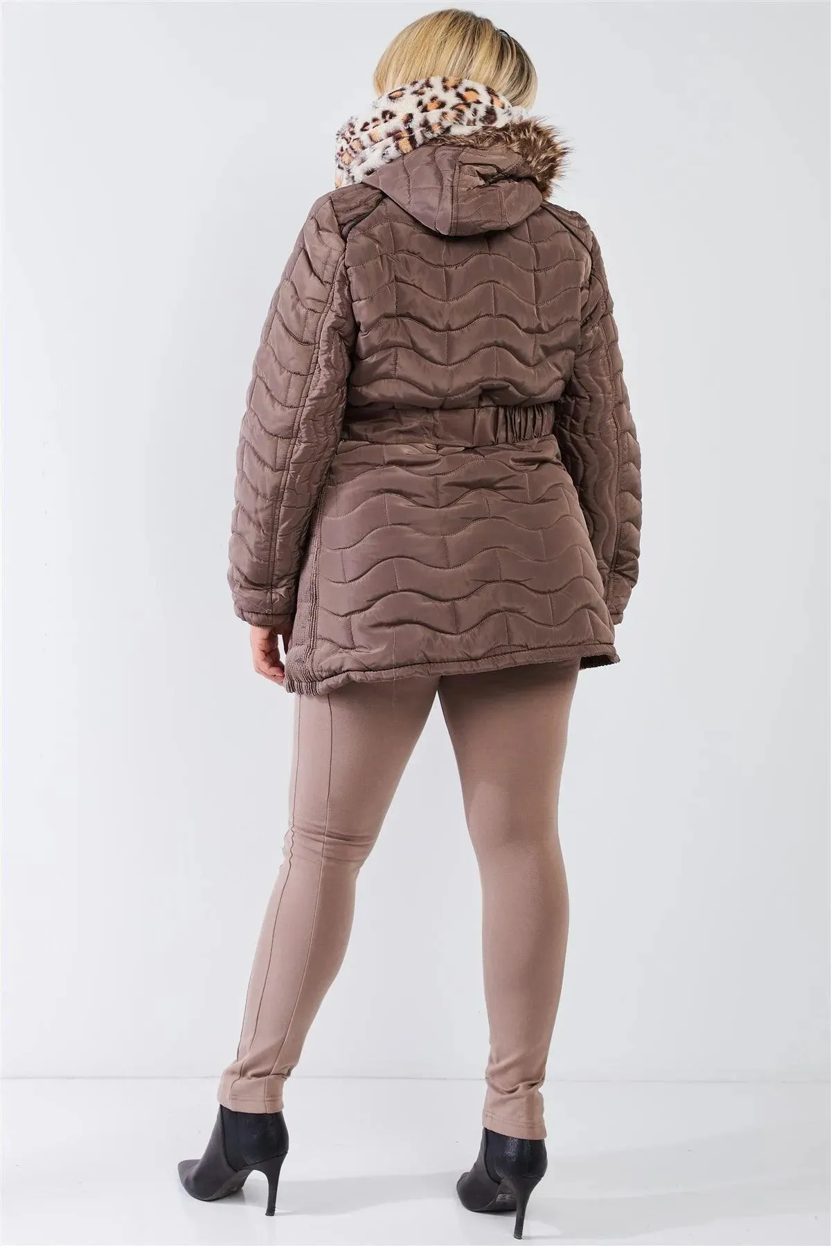 Junior Plus Brown Wavy Brick Quilt Faux Fur Hood Belted Padded Long Puffer Jacket /1-1-1-1