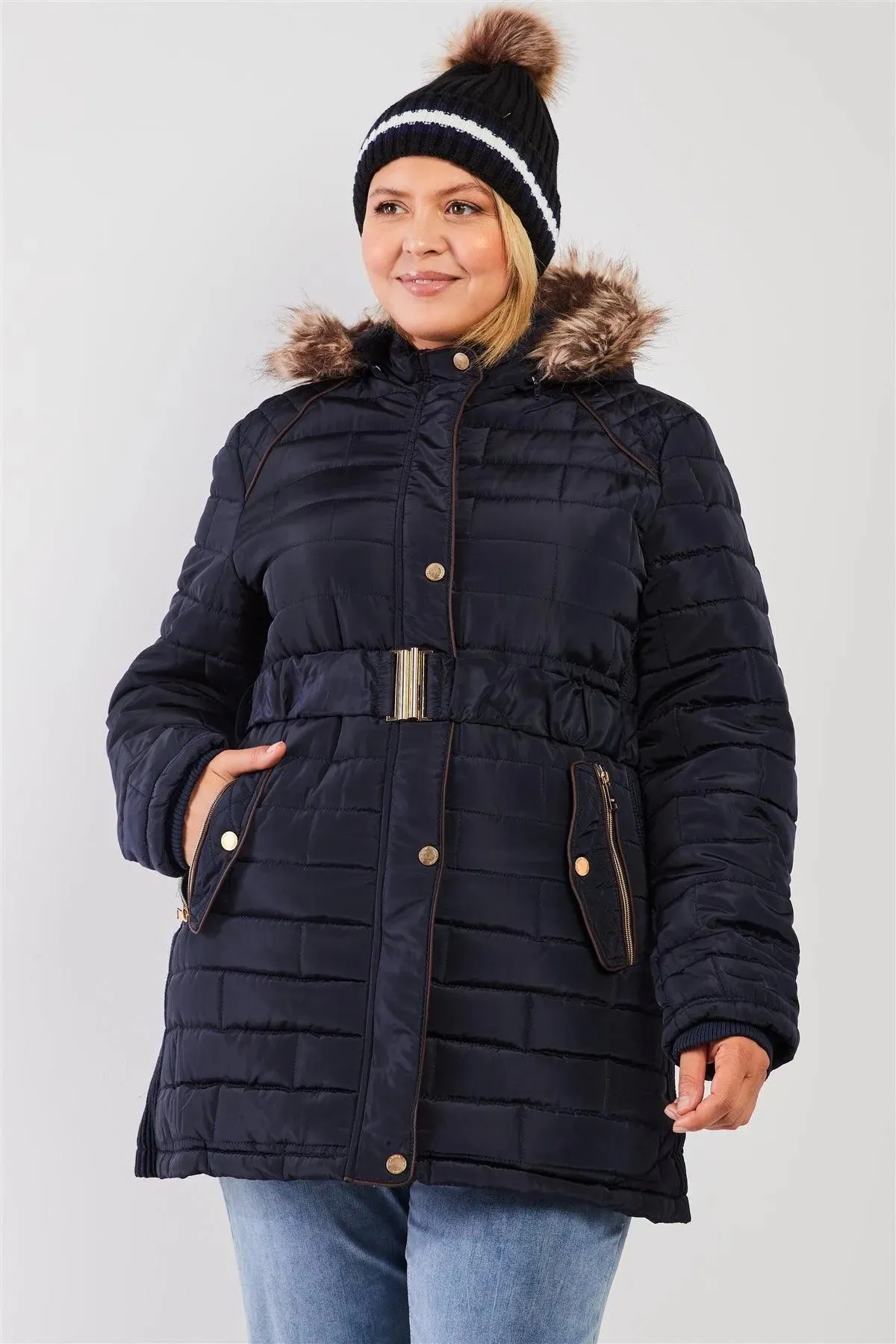 Junior Plus Navy Diamond Quilt Faux Fur Hood Belted Padded Long Puffer Jacket /3-2-1
