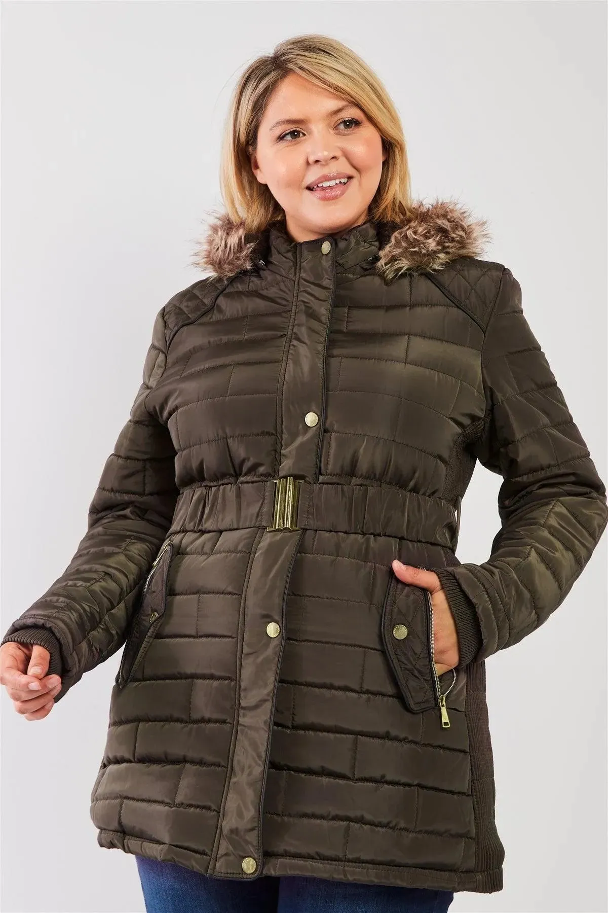 Junior Plus Olive Grey Diamond Quilt Faux Fur Hood Belted Padded Long Puffer Jacket