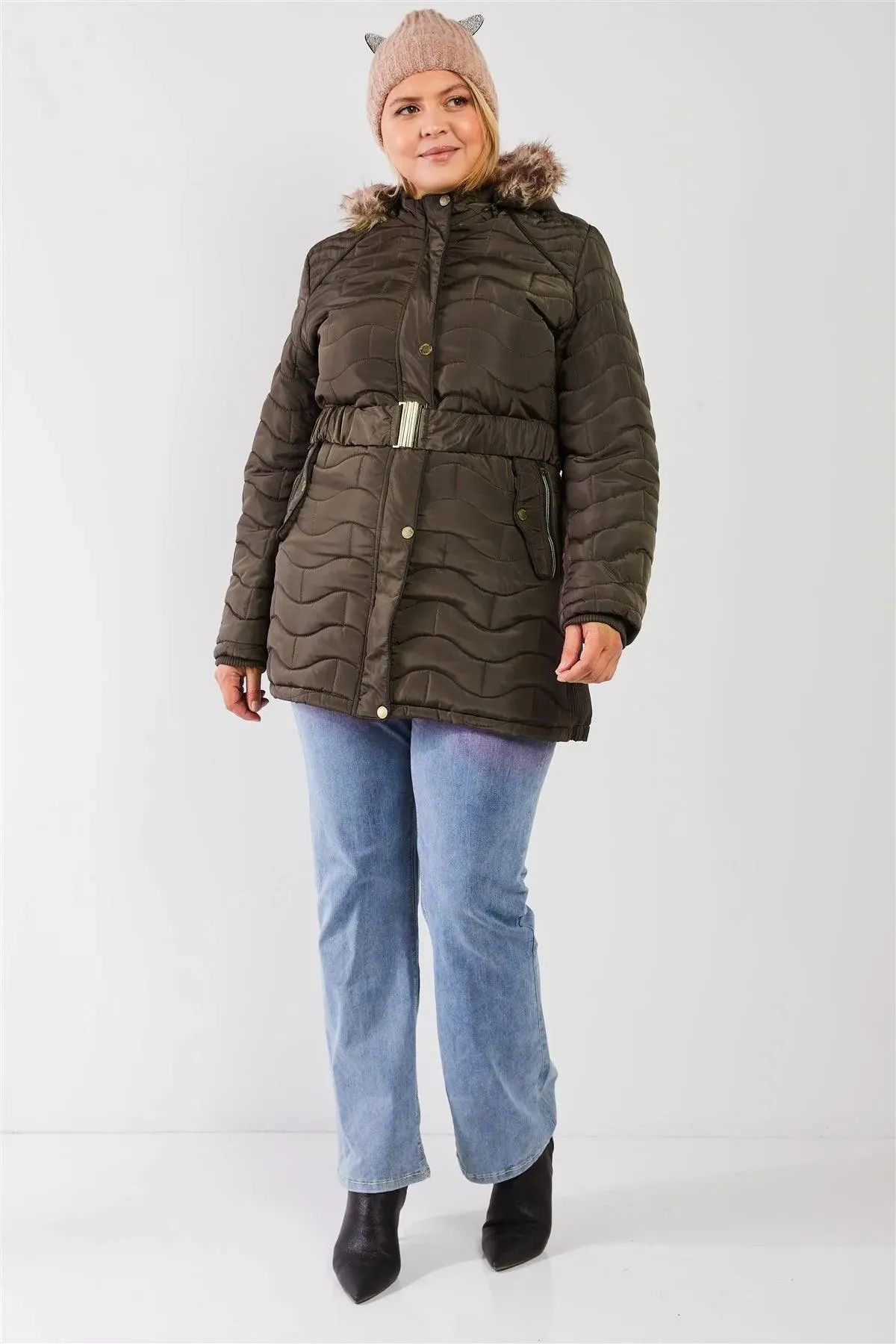 Junior Plus Olive Wavy Brick Quilt Faux Fur Hood Belted Padded Long Puffer Jacket