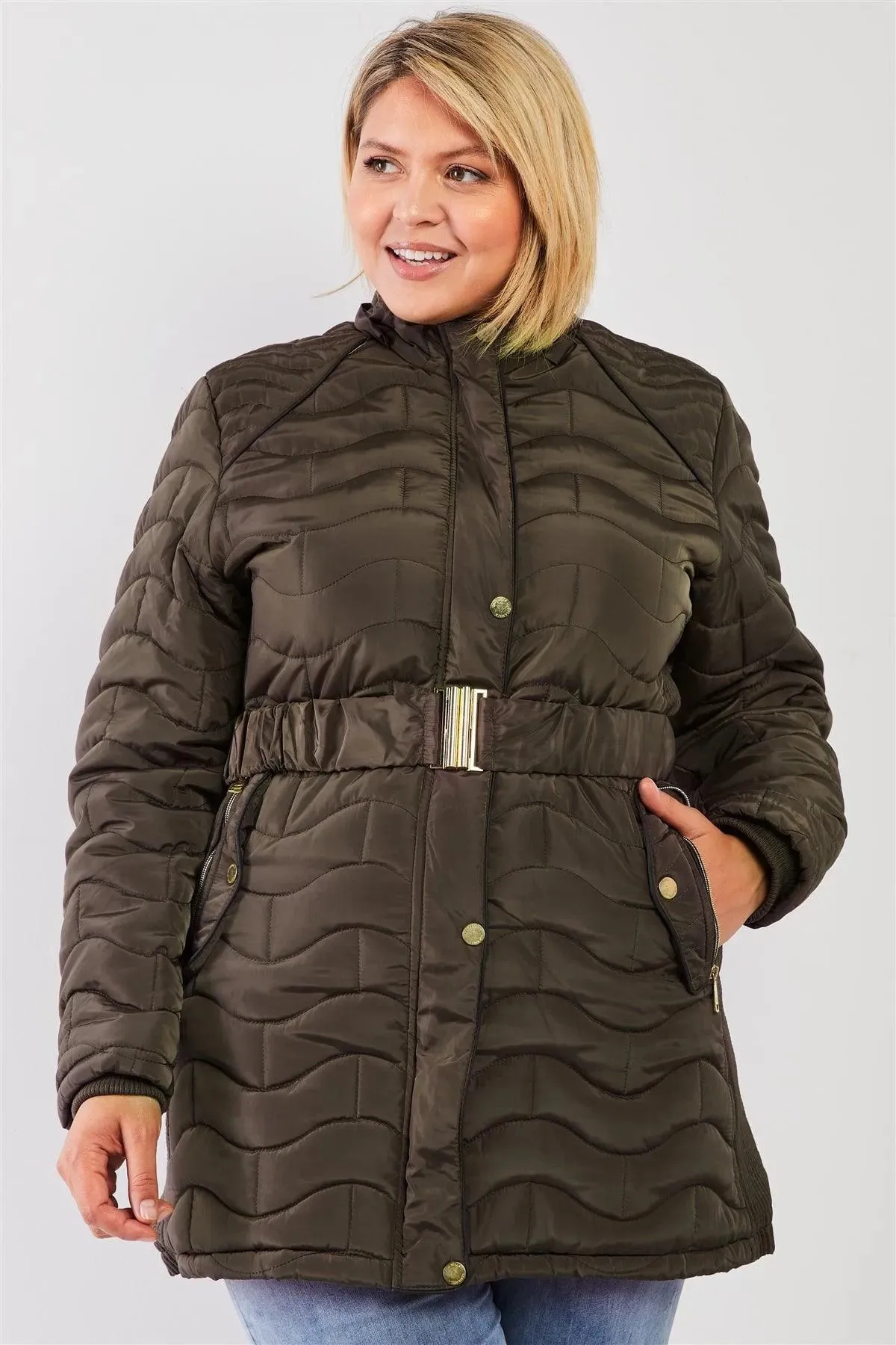Junior Plus Olive Wavy Brick Quilt Faux Fur Hood Belted Padded Long Puffer Jacket