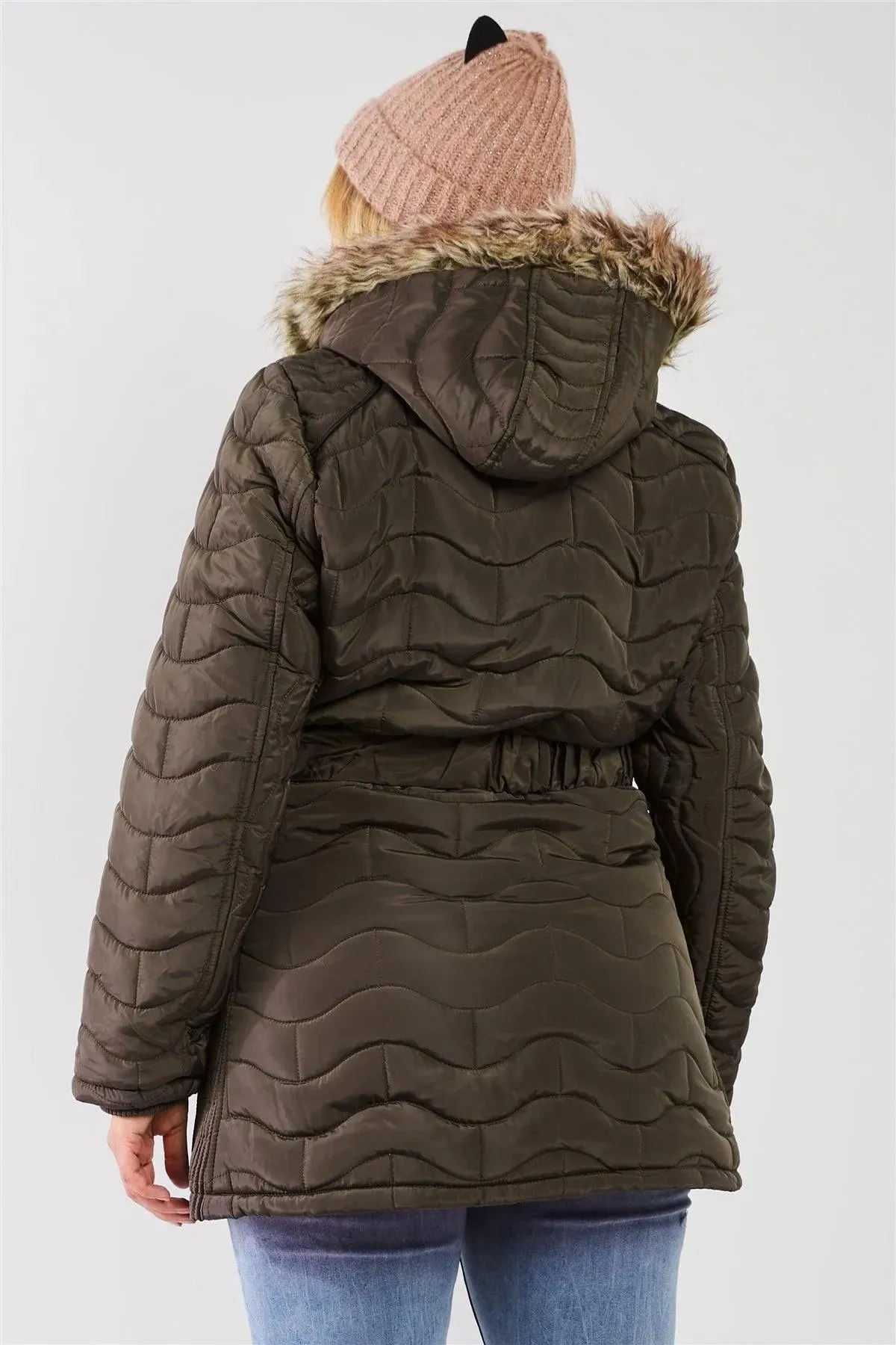 Junior Plus Olive Wavy Brick Quilt Faux Fur Hood Belted Padded Long Puffer Jacket