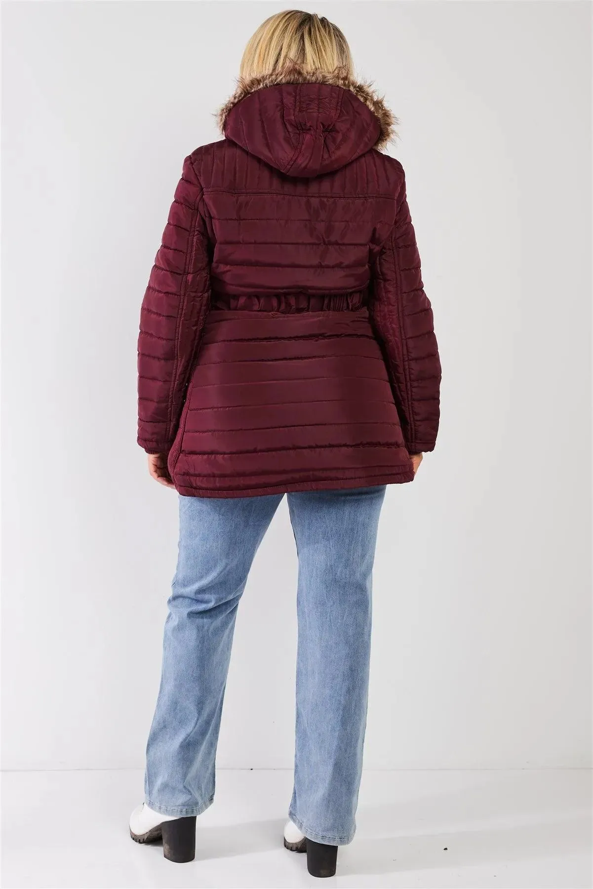 Junior Plus Wine Parallel Quilt Faux Fur Hood Belted Padded Long Puffer Jacket