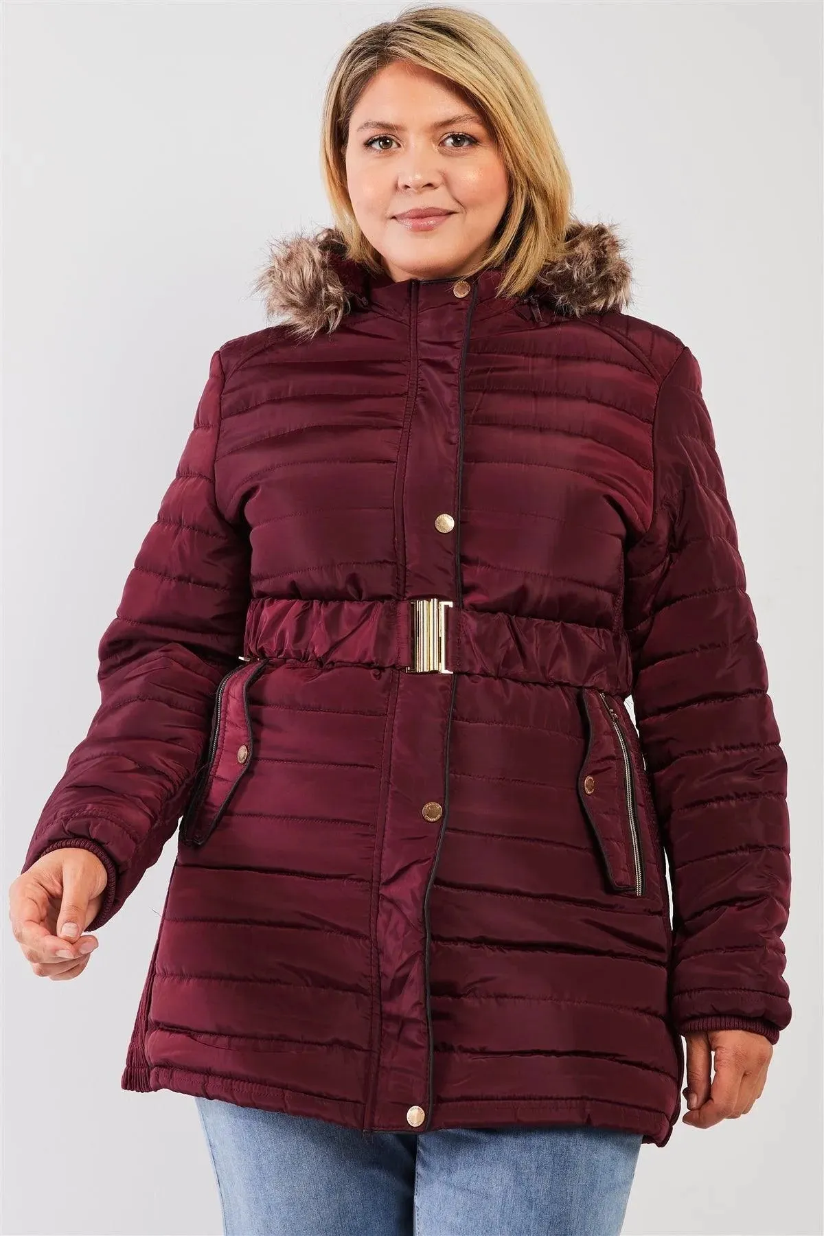 Junior Plus Wine Parallel Quilt Faux Fur Hood Belted Padded Long Puffer Jacket
