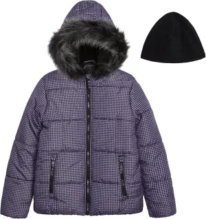 LONDON FOG Baby Girls' Heavyweight Puffer Jacket with Faux Fur Hood and Matching Beanie