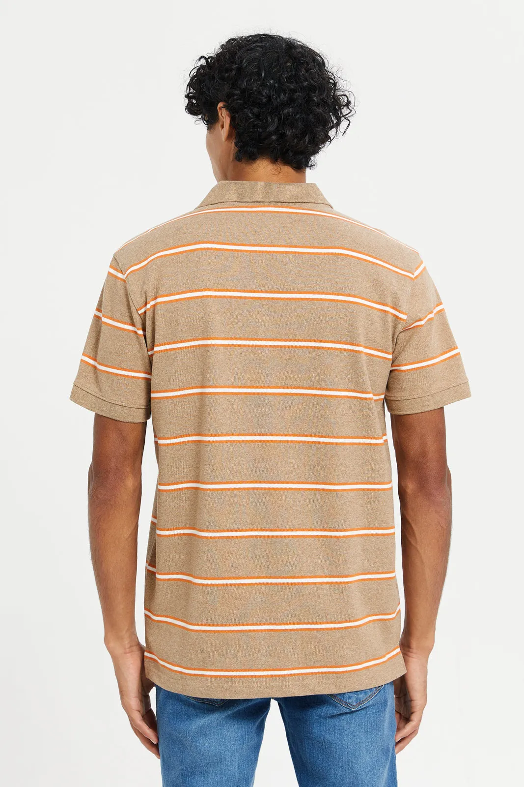 Men Beige Stripe Polo Shirt