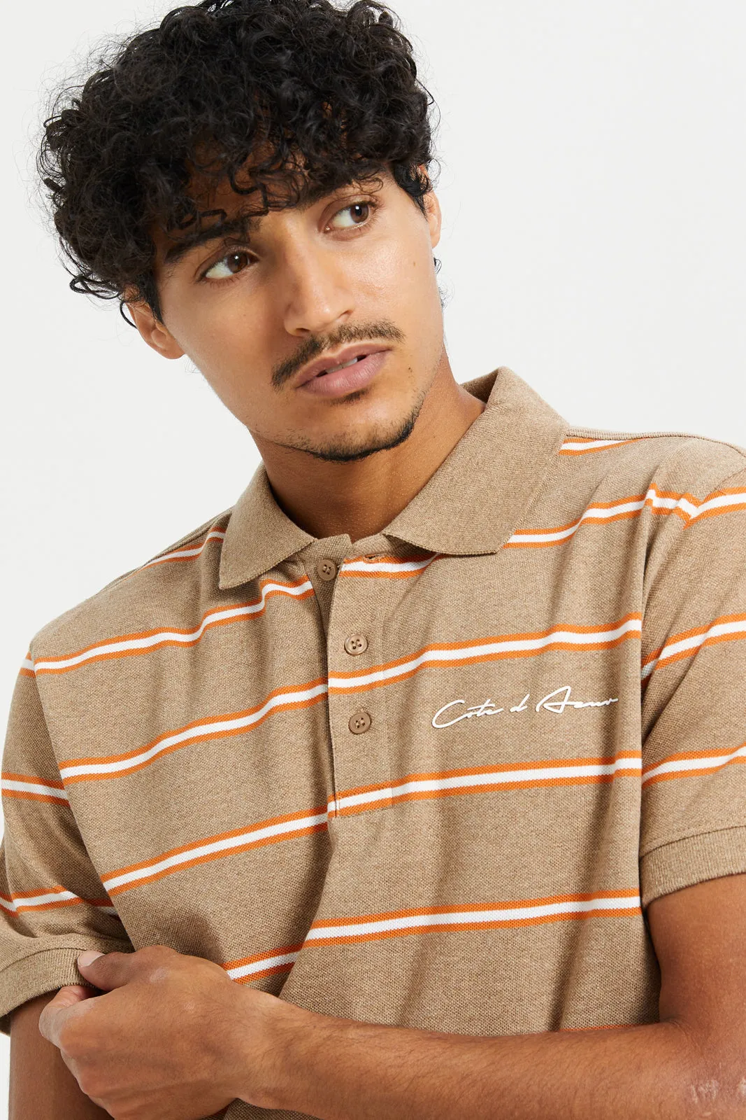 Men Beige Stripe Polo Shirt