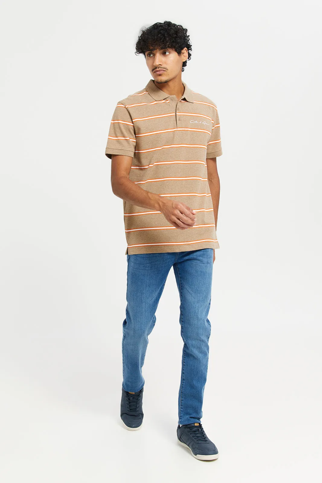 Men Beige Stripe Polo Shirt