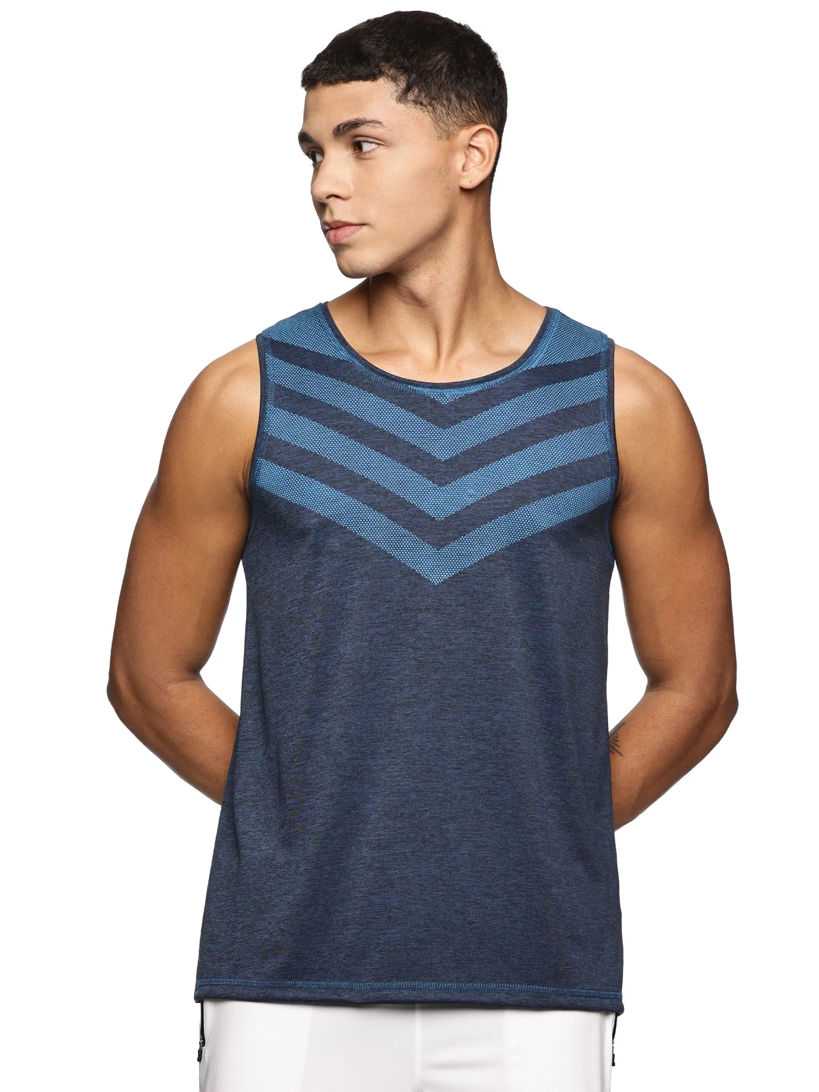 Men Slim Fit Round Neck Sleeveless Tank Top With arrow print at chest (Royal Blue)