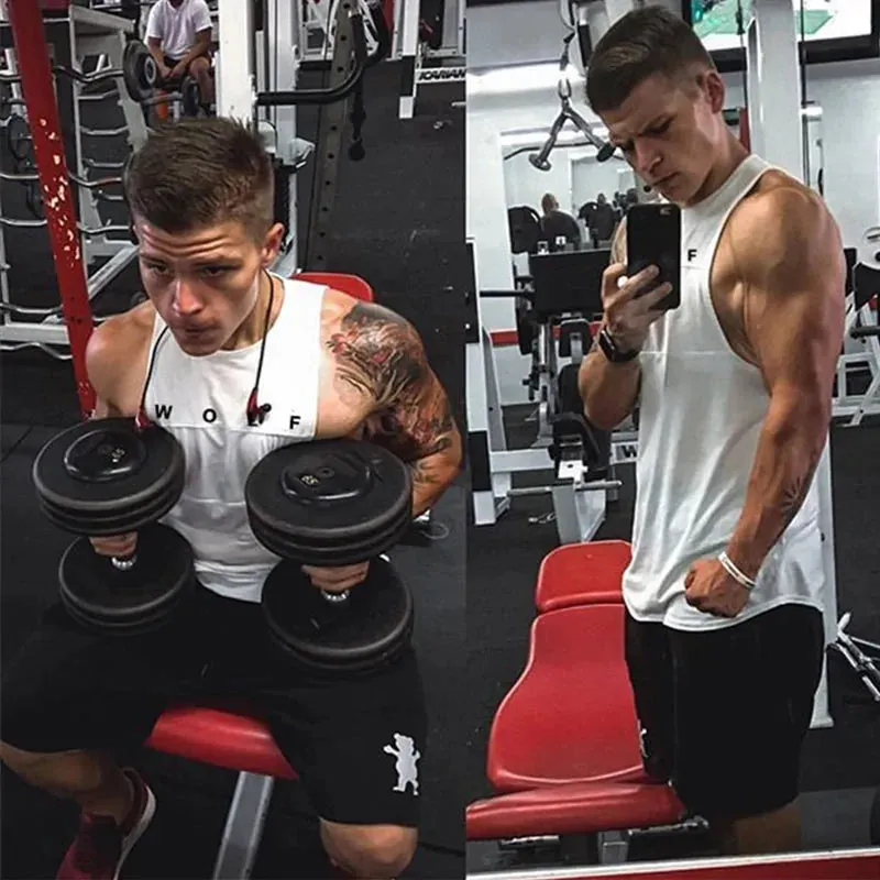 Mens Letter Print Cotton Sleeveless Gym Fitness Muscle Fit Vest