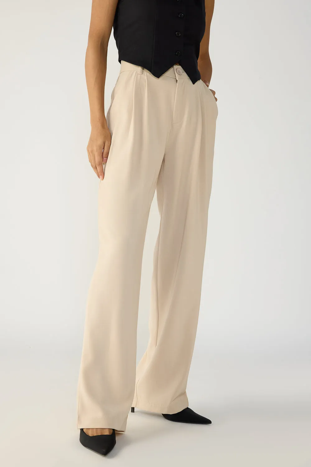 Sand Beige Double Pleated Korean Pants