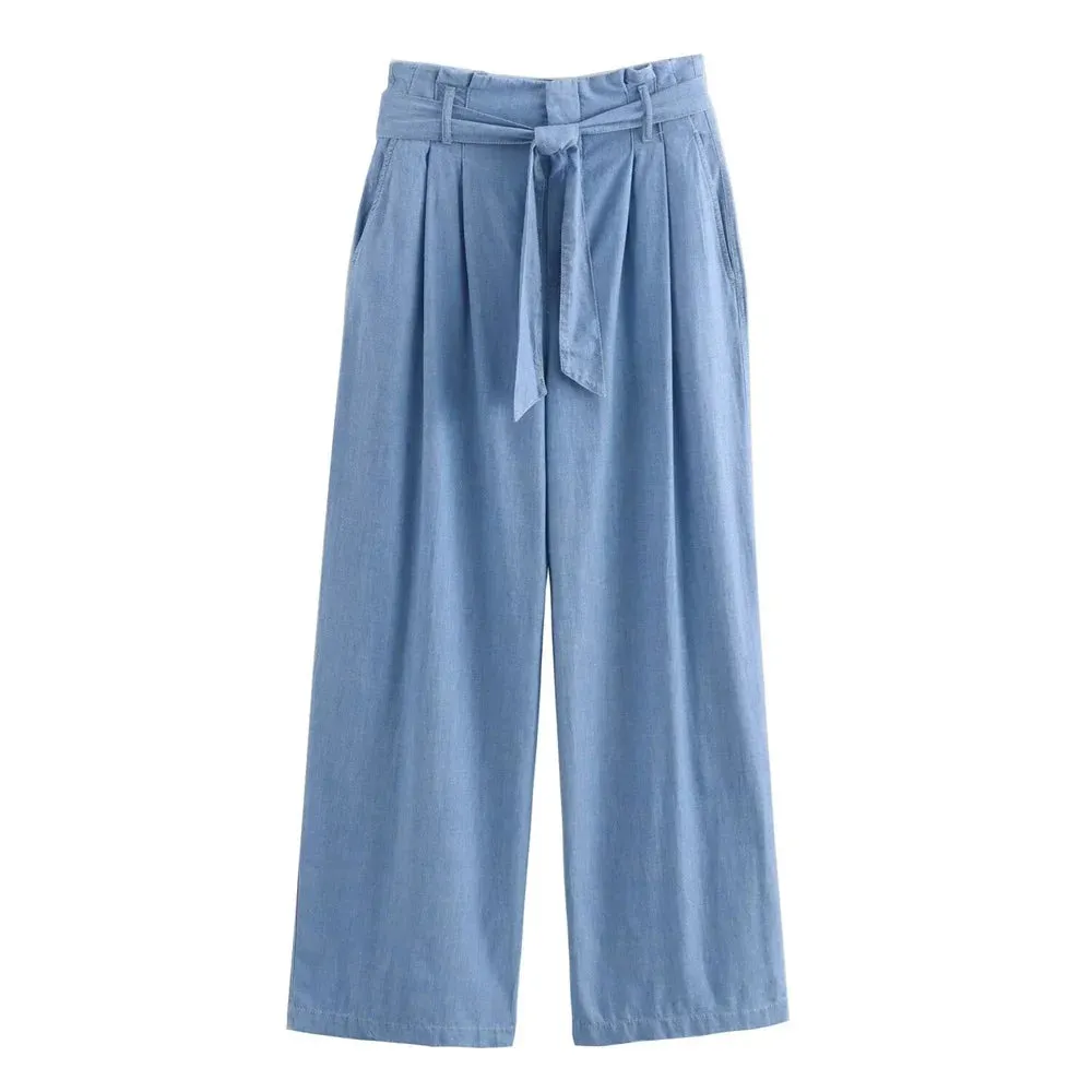 Tie Belt Palazzo Pants & Long-Sleeved Crop Shirt Matching Set