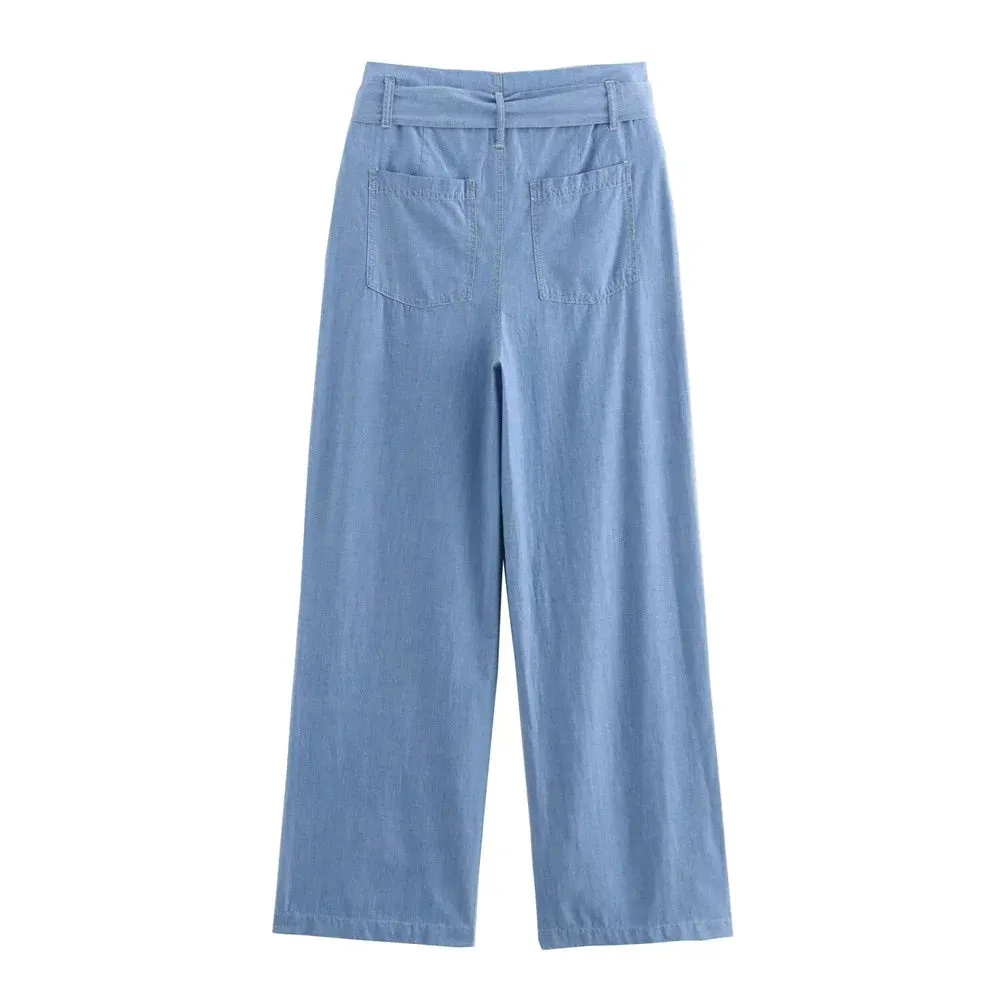 Tie Belt Palazzo Pants & Long-Sleeved Crop Shirt Matching Set