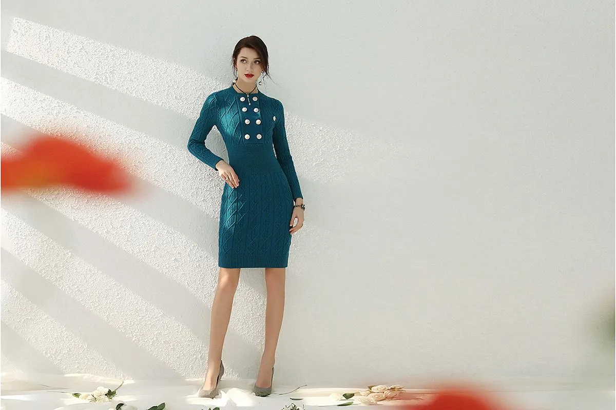 Timeless autumn and winter double breasted Green sweater dress - Kiestn