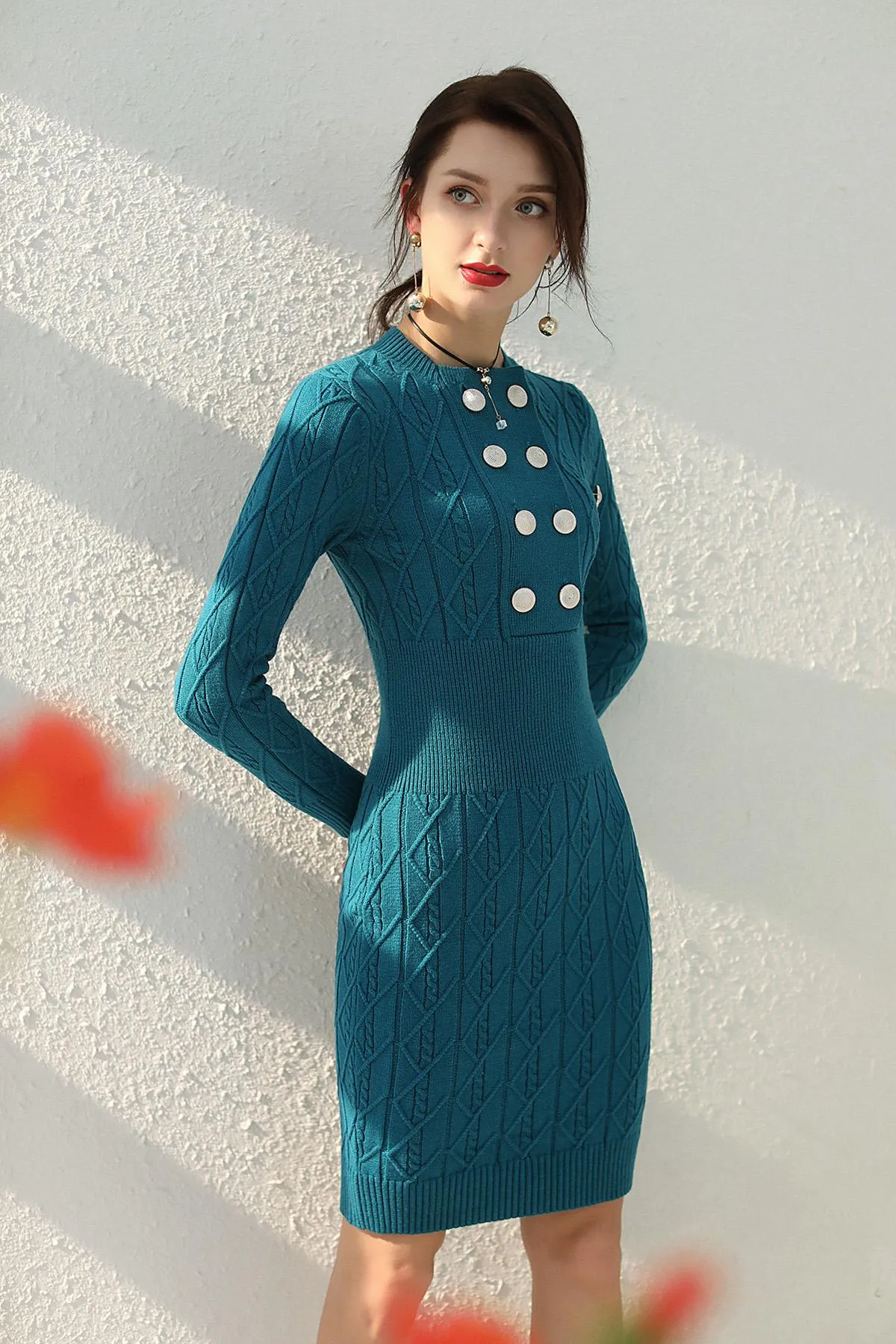 Timeless autumn and winter double breasted Green sweater dress - Kiestn