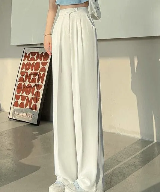 Women's High Waist Wide Leg Office Trousers | White Straight Stacked Pants with Pockets