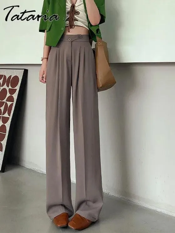 Women's High Waist Wide Leg Office Trousers | White Straight Stacked Pants with Pockets