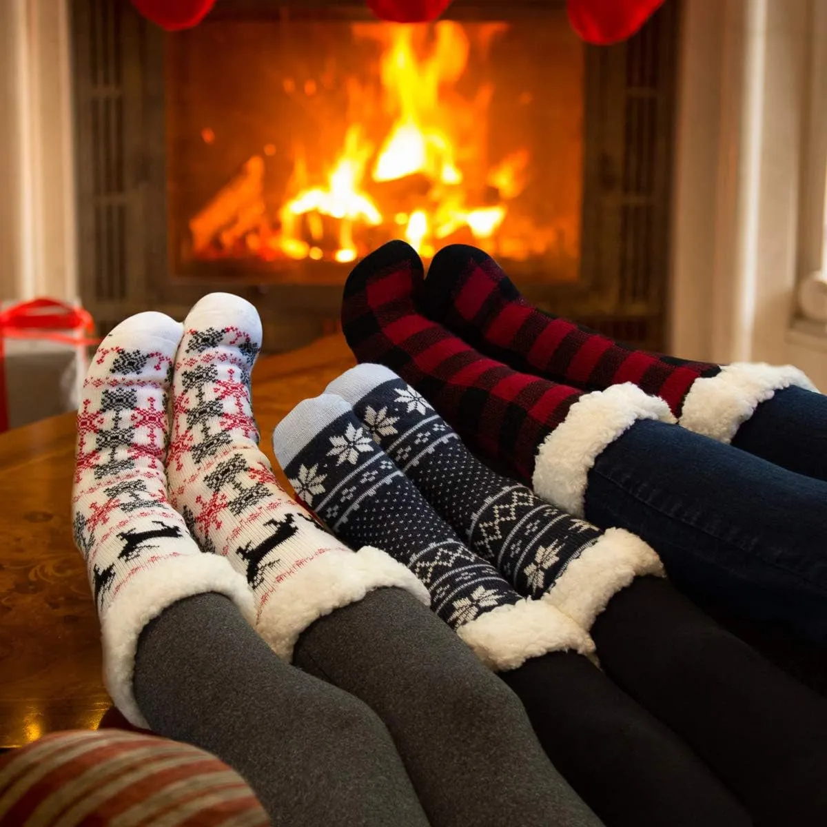 Women's Sock Slippers - 2-Pack Non-Slip Fuzzy Socks with Grippers - Sherpa Fleece Lined Thermal Warmth